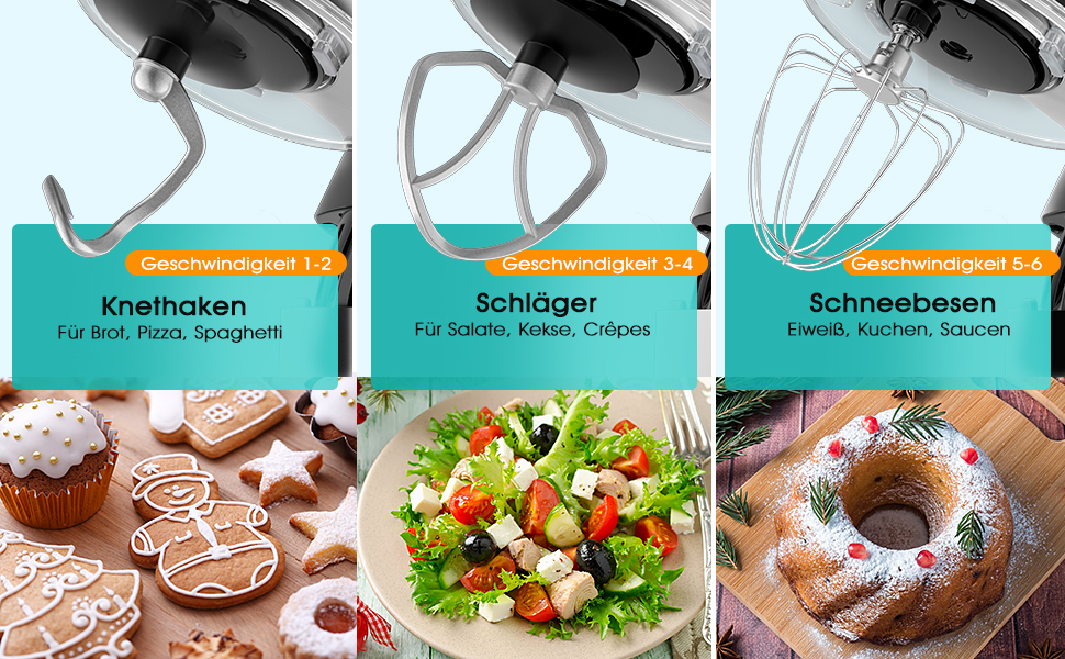 Кухонна машина Facelle 1500W з нержавіючою чашею 6.2 л, 6 швидкостей, комплект насадок (чорна)