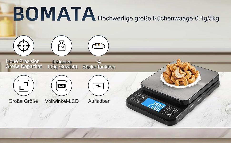 Кухонні ваги BOMATA 0.1г/5кг з USB зарядкою, високоточною вимірювальною платформою з нержавіючої сталі та функцією відсотків
