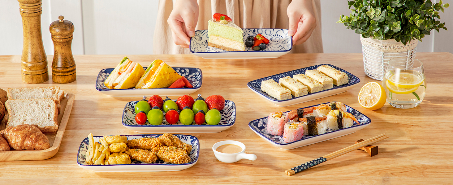 Набір тарілок Vancasso Selene 6 шт, прямокутні порцелянові тарілки для закусок, суші, десертів, фруктів, овочів 22x13 см