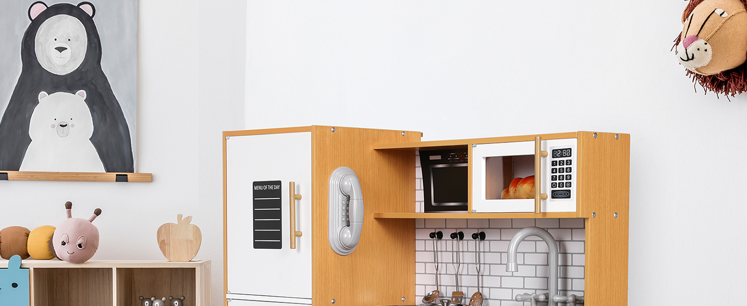 Дерев'яна дитяча кухня MAMIZO з підсвіткою та звуком, 82x80x25 см. Комплект аксесуарів, іграшка для дітей від 3 років, білий колір (біле дерево)