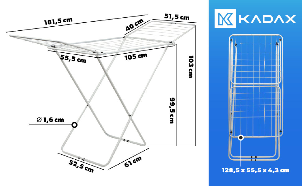 Сушарка для білизни KADAX, сушильна стійка з крилами, довжина сушіння 18 м/23 м, сушильна стійка Airflow зі сталі з порошковим покриттям, складна сушарка (біла/2-крила)