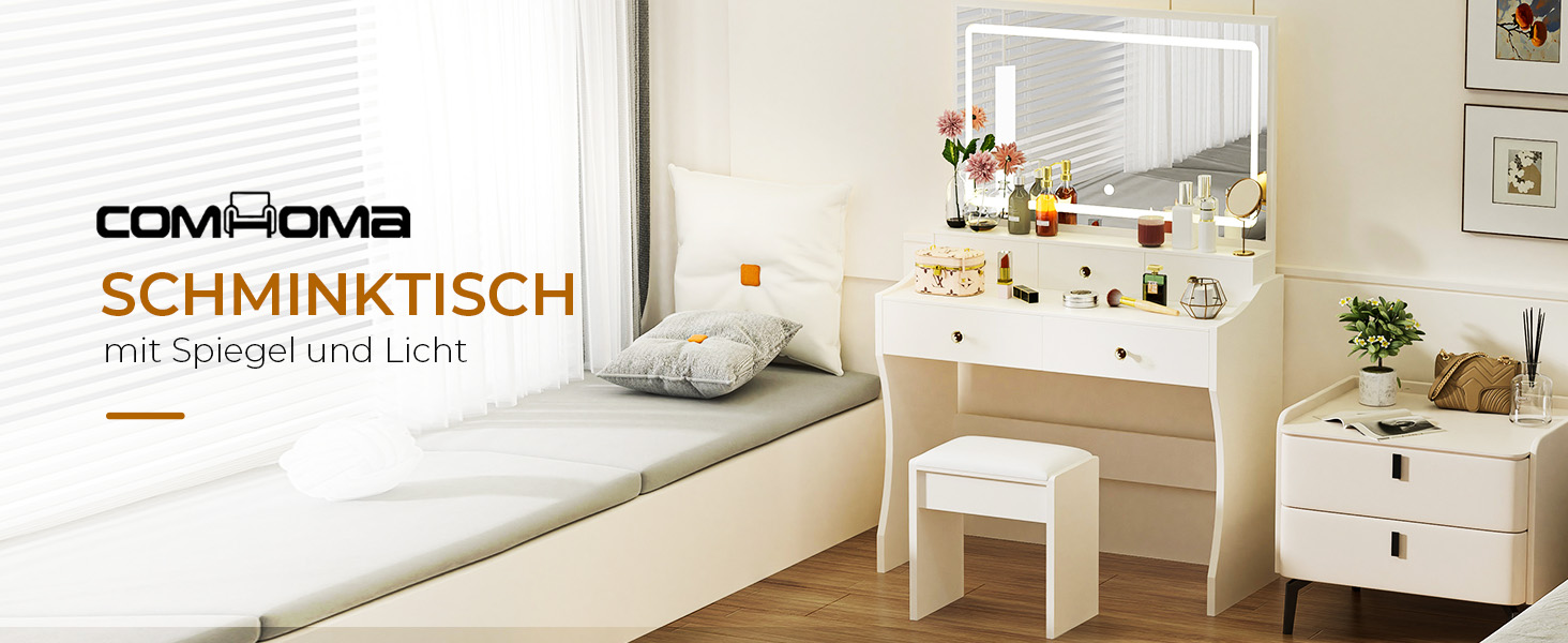Трюмо COMHOMA з підсвічуванням, дзеркалом та прихованою LED-смугою, зі стільцем та 5 висувними ящиками, з розеткою, 3 колірні температури та регульована яскравість, білий