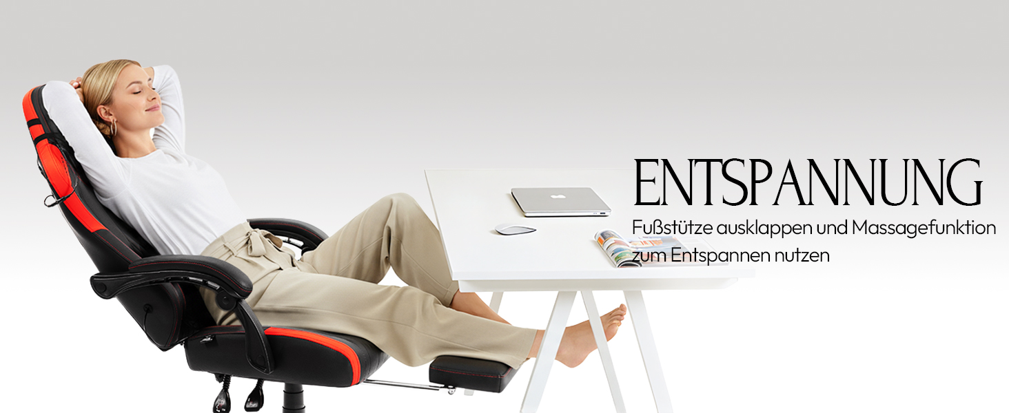 Ігровий крісло Dowinx з масажем, ергономічний дизайн, підтримка попереку та шиї, до 135 кг, шкіра, чорний (червоний)