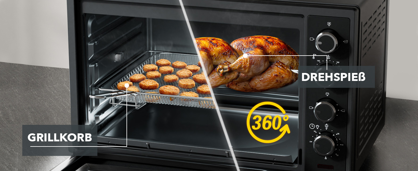 Багатофункціональна міні-піч Heinrich's 48L з конвекцією, таймером, підсвічуванням, 100-230°C, сенсорне керування, з аксесуарами, чорна, 2000W