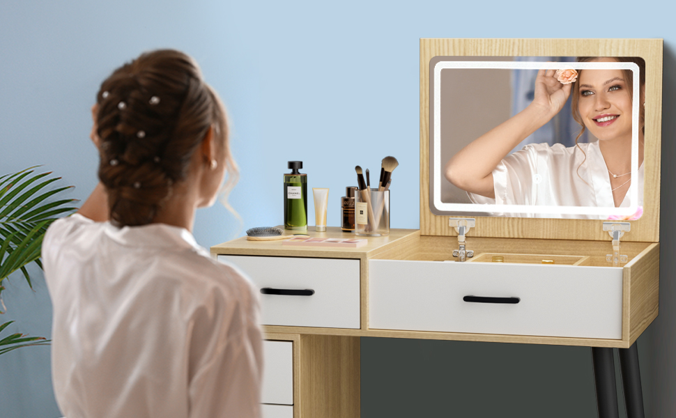 Трюмо ZenkiHome з дзеркалом та підсвіткою, ширина регулюється від 80 до 120 см, колір дуб