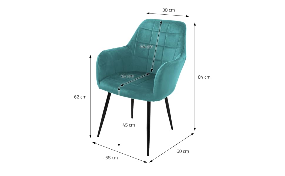 ECD Germany 6 стільців для їдальні з підлокітниками та спинкою, м'які крісла з велюровим покриттям, металеві ніжки, ергономічні стільці для обіднього столу, бірюзовий колір