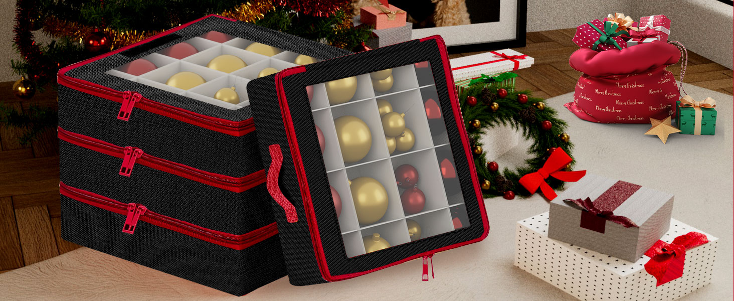 Коробка для зберігання новорічних кулічок з перегородками, 4 шт. Чорна коробка для прикрас на ялинку, органайзер для новорічних іграшок, складна, з ручками, для зберігання та штабелювання
