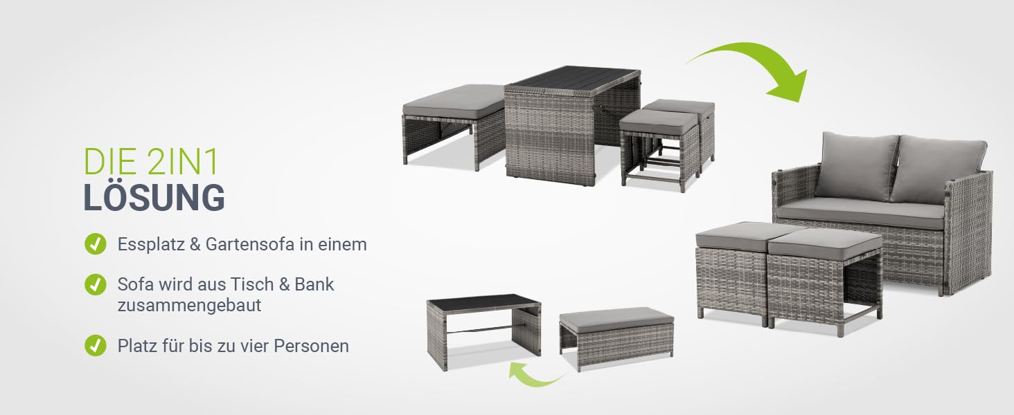 Набір садових меблів Juskys Jamaika 2в1: стіл та диван-крісло для балкона/саду - сірий
