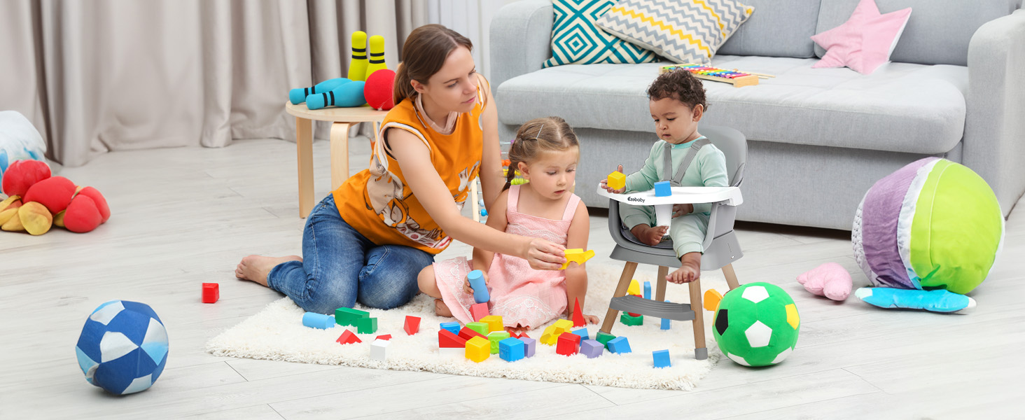 Дитячий стільчик Ezebaby 6 в 1 для годування, сірий. З підставкою для ніг, ременем безпеки та знімним столиком. Від 6 місяців.