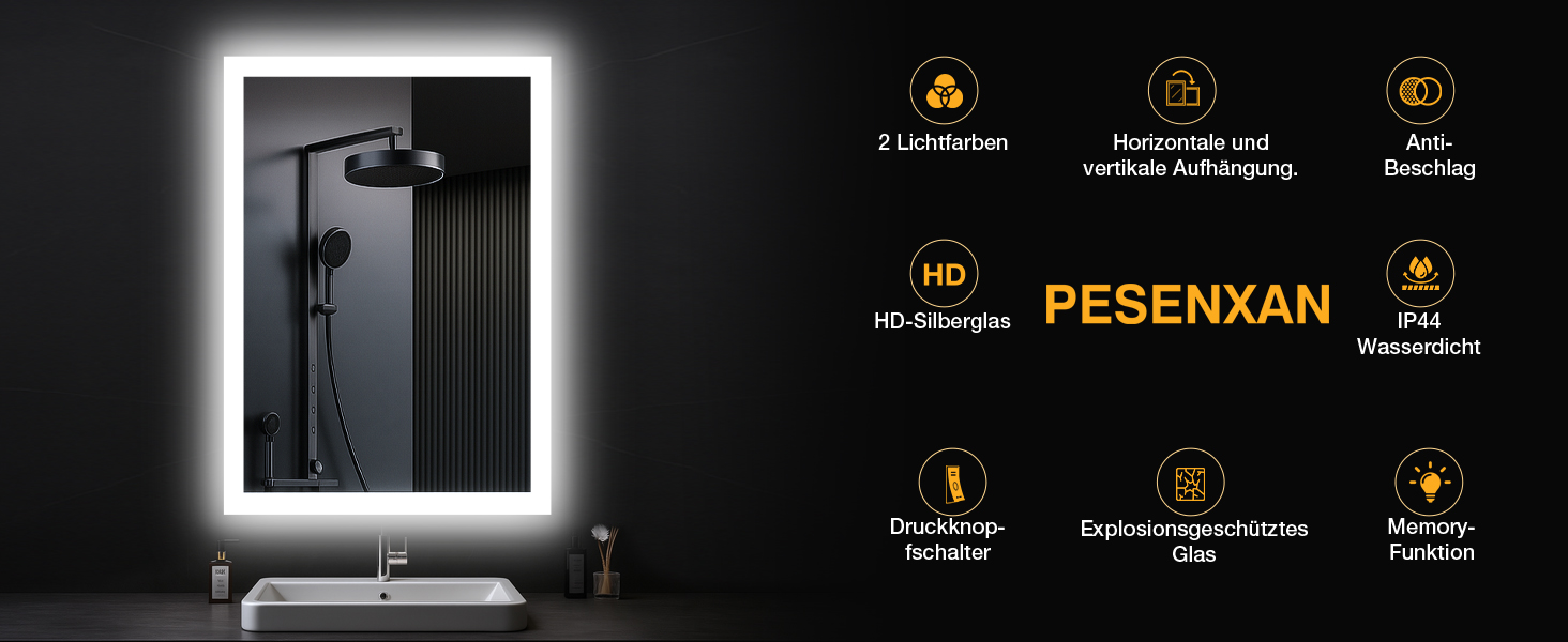 Дзеркало для ванної кімнати з підсвічуванням LED, антизапар, 2 кольори світла (3000K/6500K), вимикач-клавіша, прямокутне, 45 x 60 см