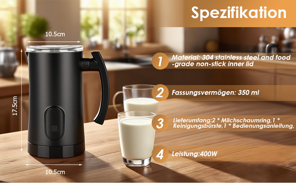Електричний пінощікач для молока 400W, 350мл, нержавіюча сталь, 4 режими, для капучино, лате, макіато, гарячого шоколаду, для дому, офісу, як подарунок