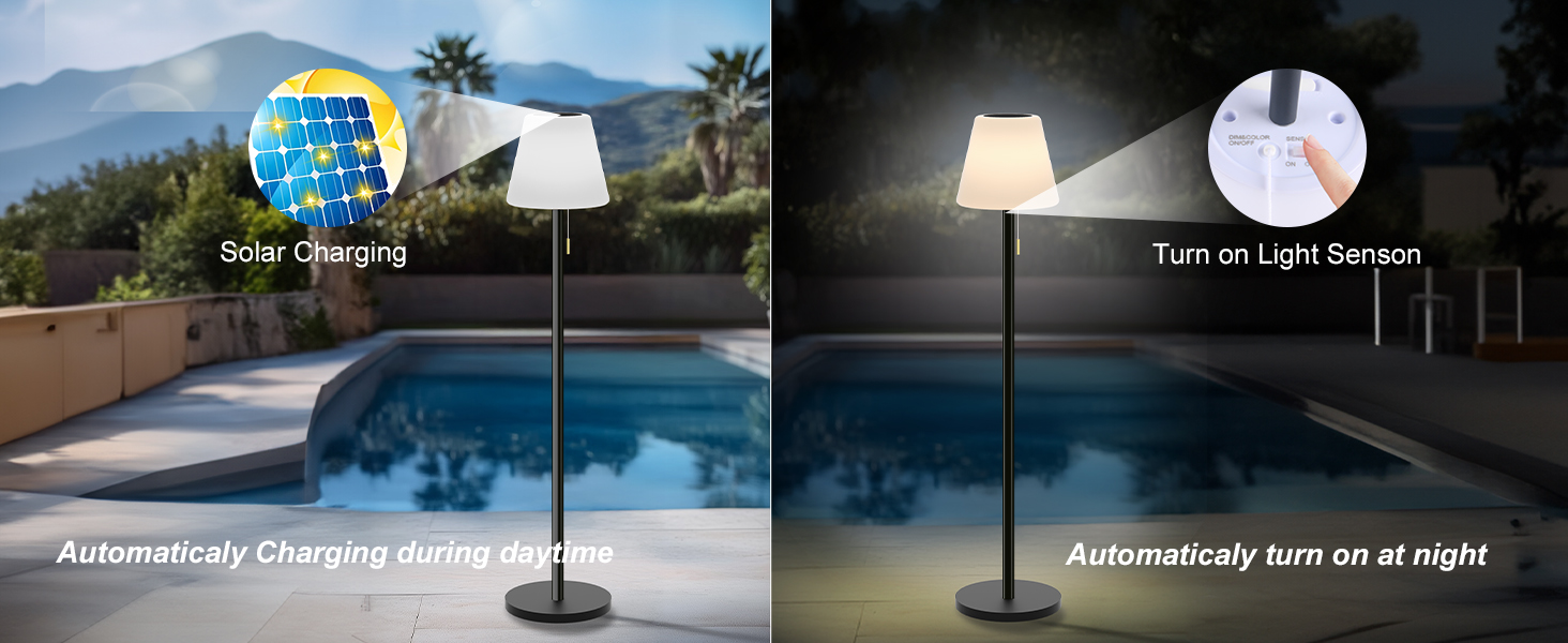 Сонячна LED стійка лампа для вулиці з акумулятором, димуванням, теплим білим та RGB світлом, з датчиком світла, водонепроникна для тераси