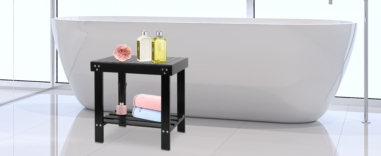 Банкетка для ванної кімнати VaeFae з бамбука, табурет для гоління з підставкою для ніг та полицею для аксесуарів, чорний колір