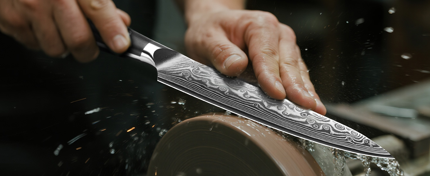 Японський ніж SHAN ZU 15 см з дамаської сталі, PRO Series - універсальний ніж для кухні з лезом з 67 шарів вуглецевої сталі та ручкою G10