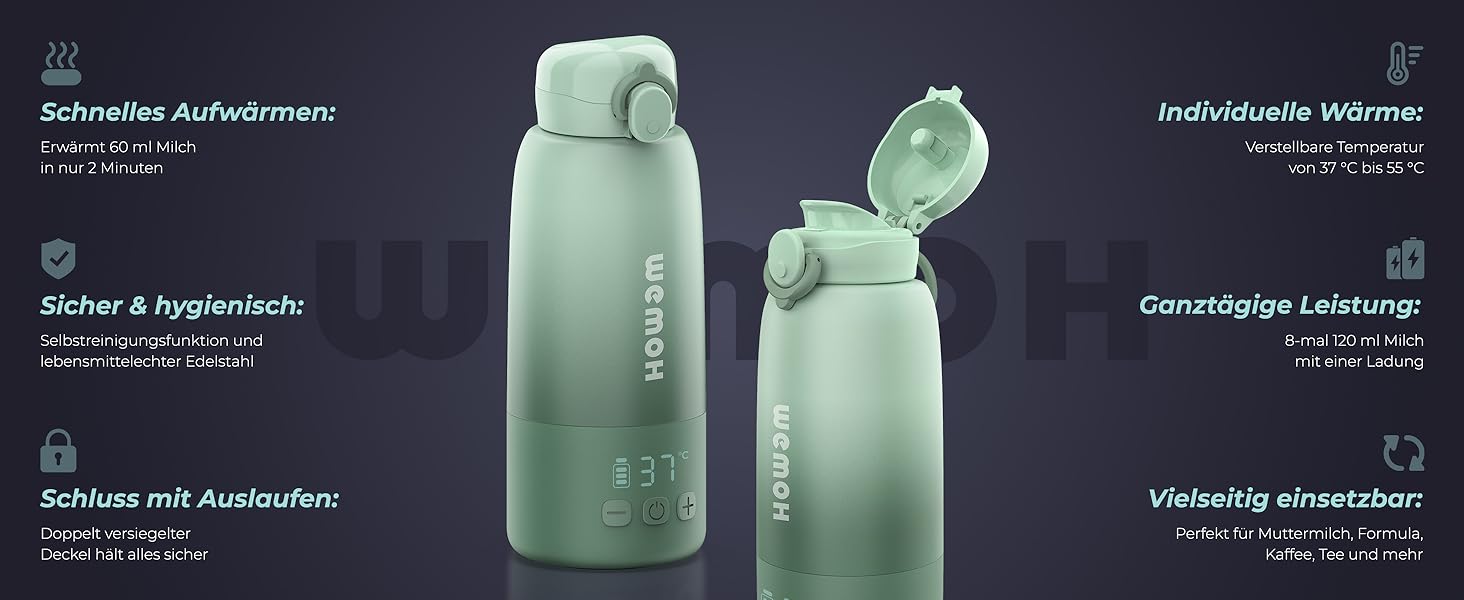 Портативний підігрівач для пляшечок Wemoh з самоочищенням, точним контролем температури, 450 мл та швидким нагрівом 100W для дитячого харчування та води