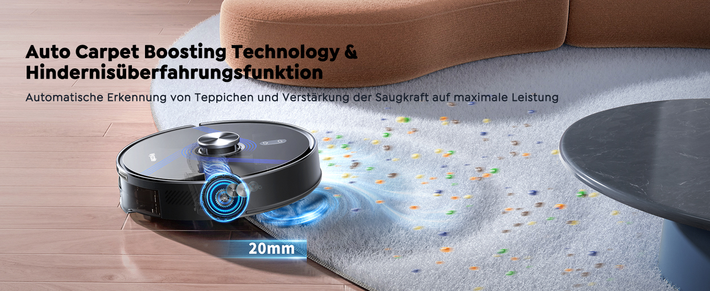 Робот-пилосос Vyzzle з вологою тканиною 5500 Па, док-станція 3.5л, для шерсті тварин, килимове покриття, керування через додаток, голосове керування Alexa & Google Assistant (Чорний)