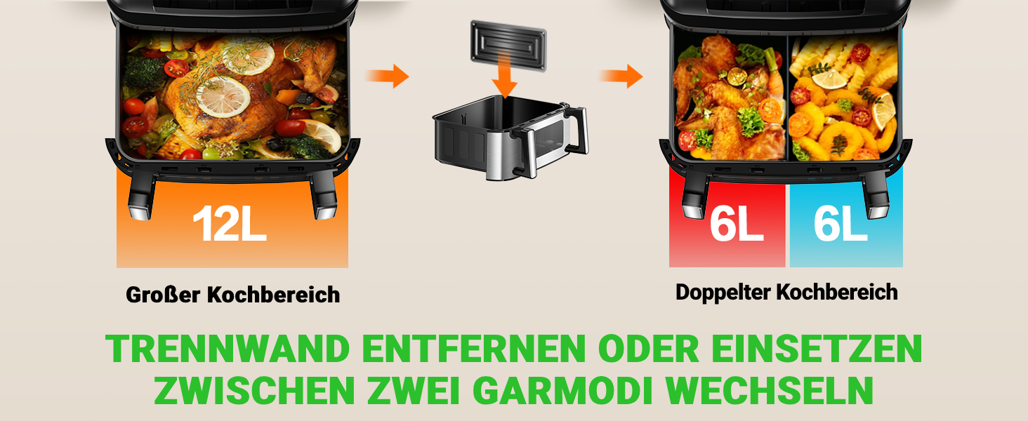 Фритюрниця повітряна XXL з двома камерами | 12л, 8-в-1, регулювання температури, сенсорний екран, до 200°C, для смаження без олії (срібна)