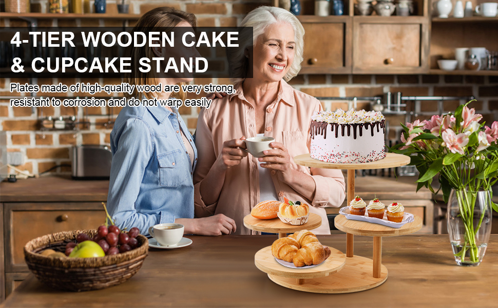 Багатоярусний стійка для тортів та капкейків з дерева, 4 яруси, Ø 30/32 см, для вечірок, днів народжень, святкового декору