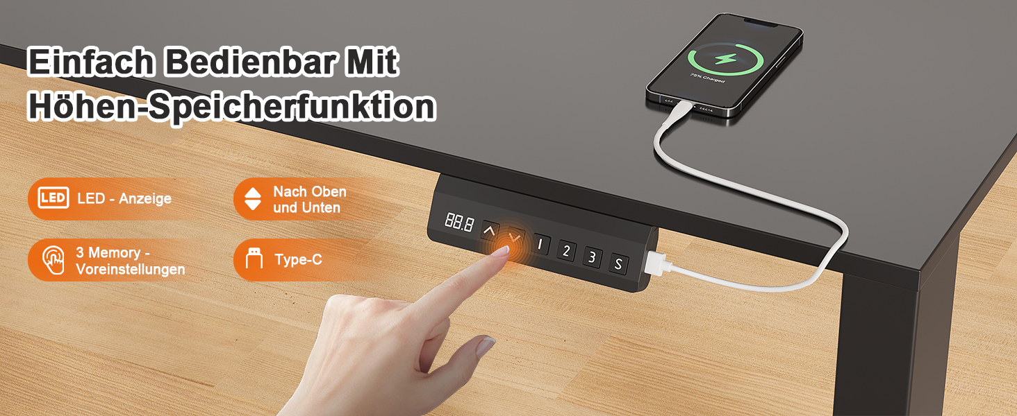 Регульований стіл JUMMICO з міцним металевим каркасом та 2 моторами, 3 режими пам'яті, для сидячої та стоячої роботи (білий), 100 x 140 см, чорний