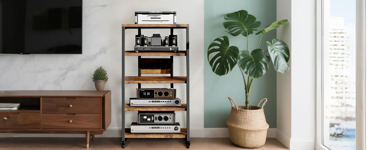 Стеллаж для Hi-Fi апаратури з коліщатками, стіл для програвачів з розетками, LED-підсвічуванням та регульованими полицями. Металевий стійка для аудіо- та стереосистем, 60 x 52 x 110 см