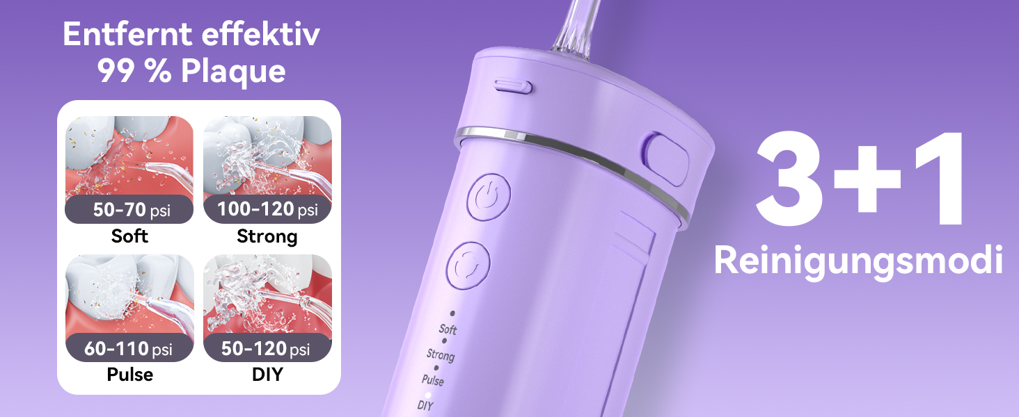 Портативний електричний іригатор для зубів JTF Munddusche Mini - бездротовий, 5 насадок, 4 режими, 230 мл, водонепроникний (фіолетовий)
