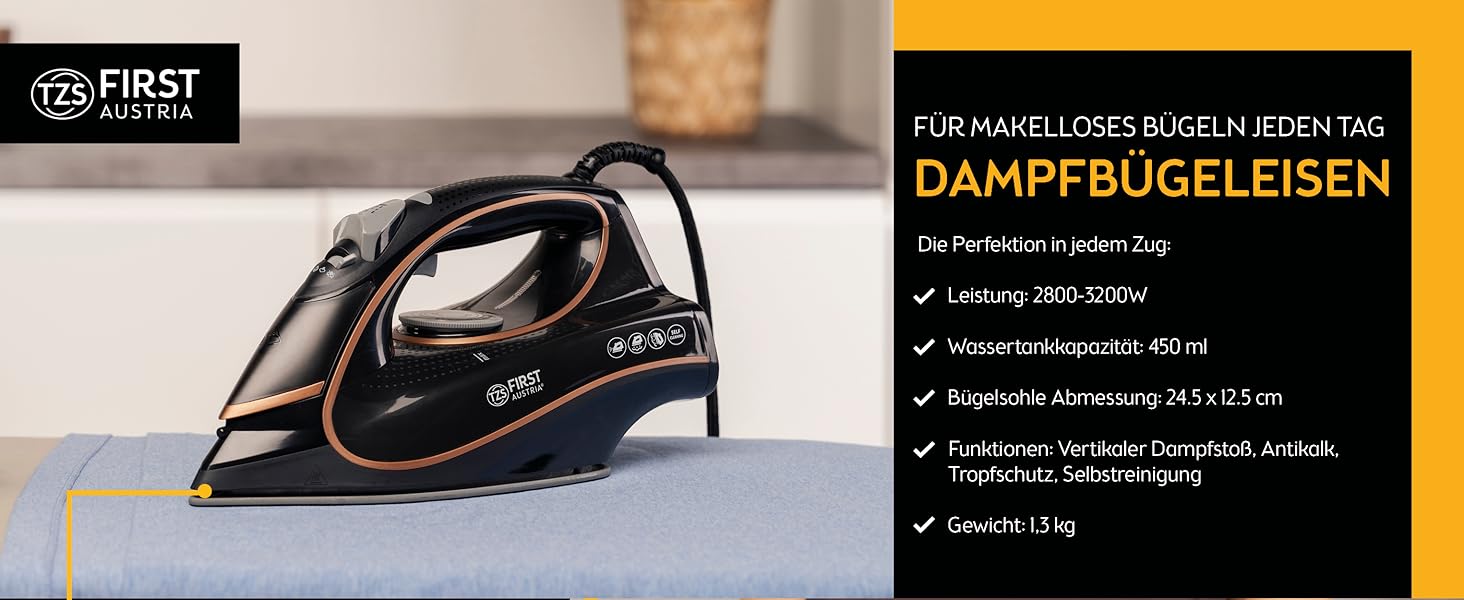 Відпарювач TZS First Austria I 2800-3200W з керамічною підошвою | Самоочищення, вертикальний пар, антинакип, сухе прасування | 0,45л, 1.3кг, білий/мідний