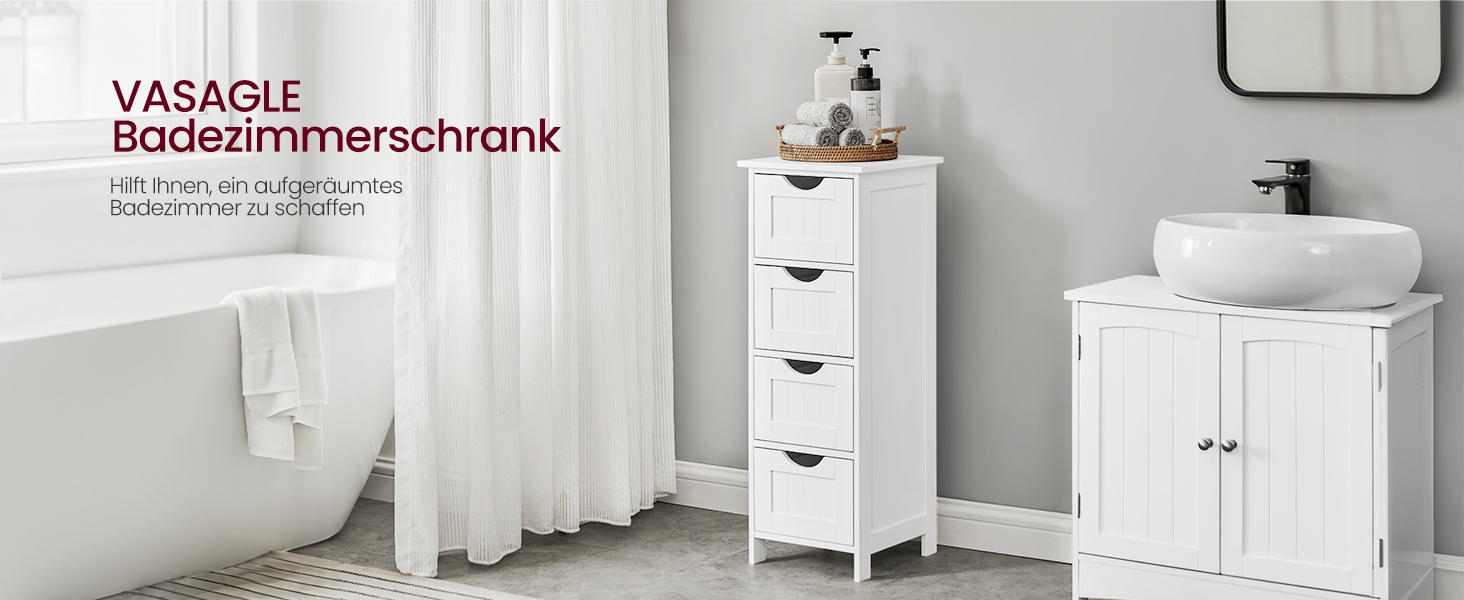 Шафка для ванної кімнати VASAGLE з 4 висувними ящиками, 30 x 30 x 82 см, білий колір, для ванної, вітальні, кухні