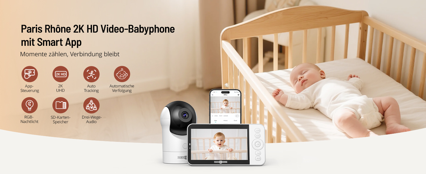 Відеоняня PARIS RHÔNE з 2 камерами, WiFi, 2K UHD, нічник, датчик руху/плачу, контроль температури та вологості, колискові