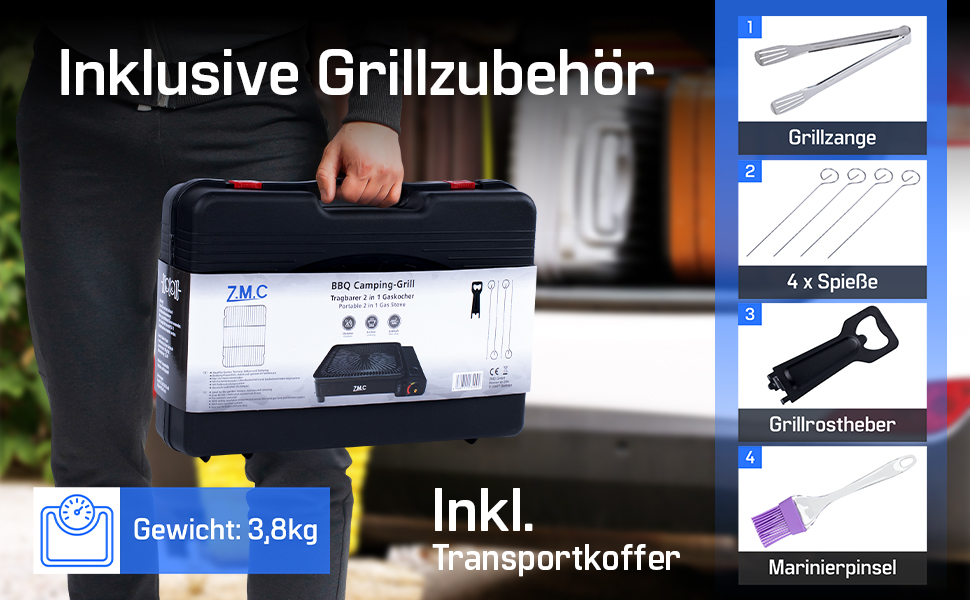 Z.M.C. 2-в-1 газовий набір для кемпінгу: плита та гриль з аксесуарами та кейсом. Газовий гриль та плита з пьезозапалюванням, 2.2kW, LPG-підключення