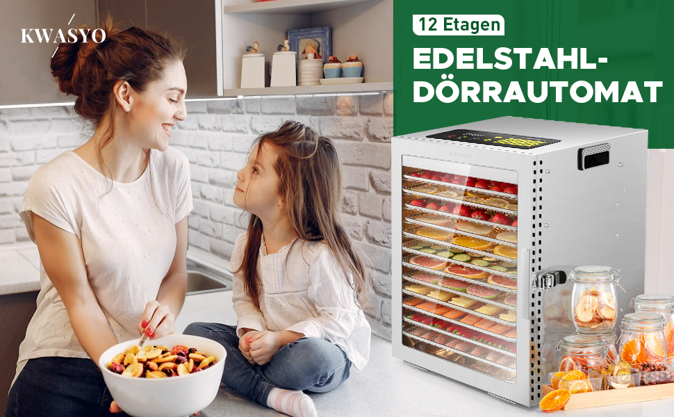 Електрична сушарка для продуктів Kwasyo з нержавіючої сталі, 12 ярусів, 30-90°C, таймер 24 год