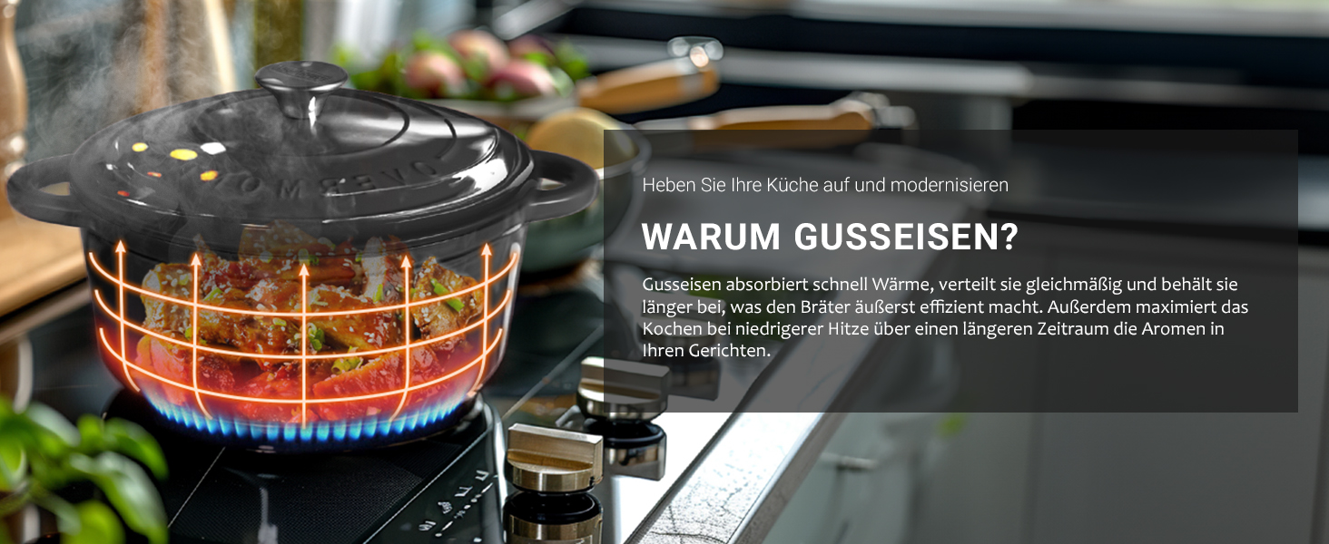 Чавунна каструля-гульяшник Overmont з емалевим покриттям, 26 см, 5.2 л, Graphite Gray — універсальний сотейник з кришкою для тушкування та запікання в духовці