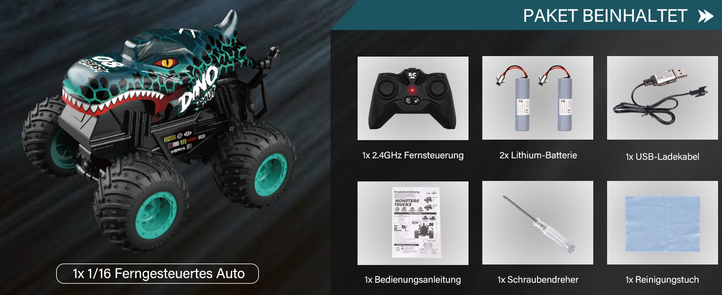 RC Monstertruck 1:20 2.4GHz Динозавр – Радіокерований позашляховик, 20 км/год, LED, Музика, для хлопчиків та дівчаток від 3 років, Зелений