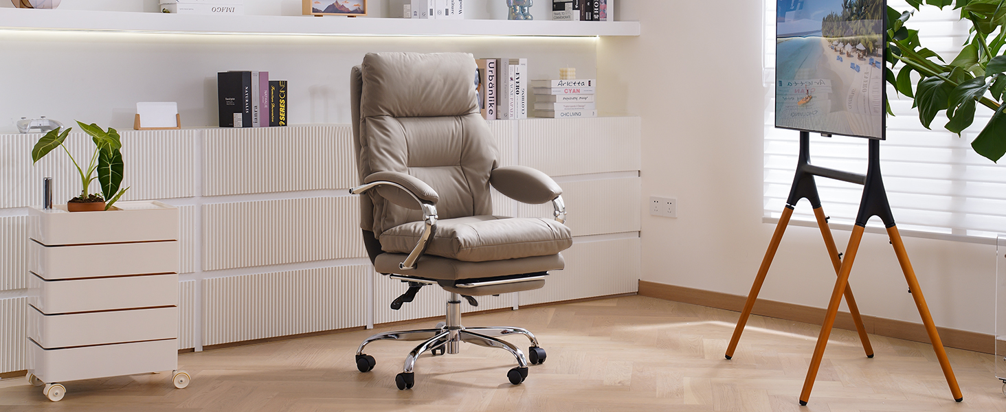 Офісний крісло EMIAH з підніжкою: ергономічний крісло для офісу та дому, з PU шкіри, підніжкою, підлокітниками та колесами. Підходить для роботи за комп'ютером та ігор. Колір: хакі. Без функції масажу.