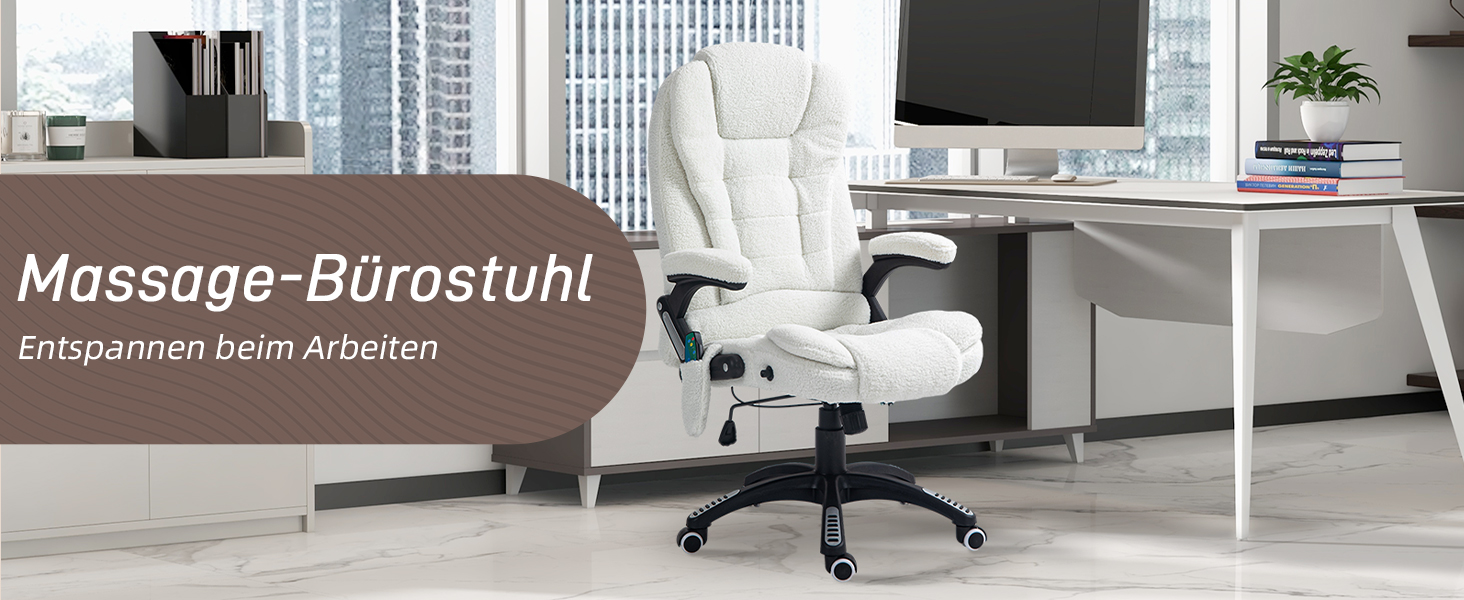 Крісло офісне Vinsetto з масажем, підігрівом, регулюванням нахилу та функцією розслаблення. Комп'ютерне крісло для офісу, кремово-біле, з кишенею з льону, оббивка з тедді-замші (100% поліестер).