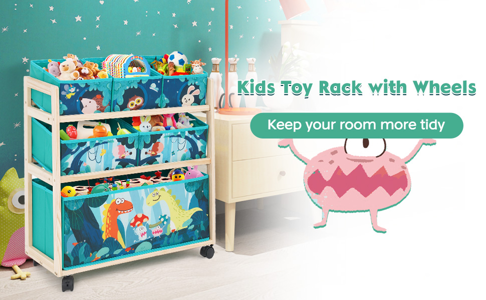 Органайзер для іграшок HOMCENT з колесами та 6 контейнерами, велика місткість, тематика динозаврів для дитячої кімнати