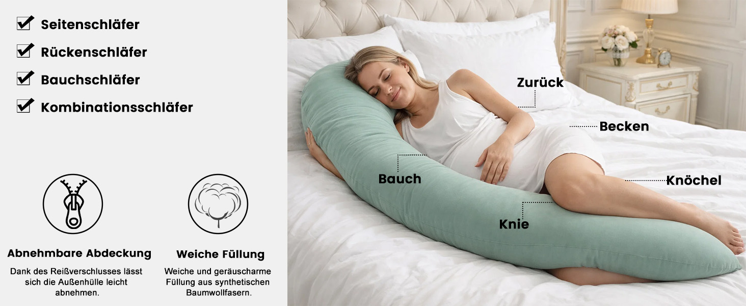 Подушка для вагітних та годування CALIYO XXL 190x32 см, зелена - подушка для сну на боку, з наповнювачем та знімним чохлом