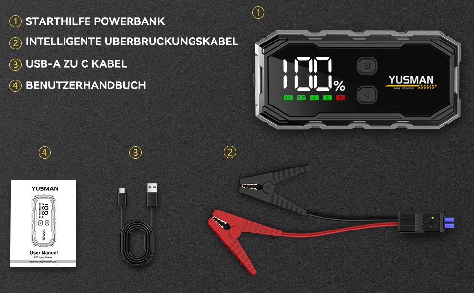 Powerbank для автомобіля Starthilfe: 6000A, 12V, бустер для акумулятора, LCD-дисплей, 4 режими LED-підсвічування. Підходить для бензинових (8L) та дизельних (6L) авто, SUV, мотоциклів, газонокосарок.