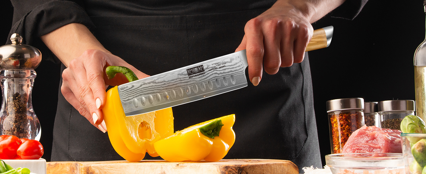 Японський ніж HOSHANHO з дамаської сталі 20 см, 67 шарів, кухонний ніж, надзвичайно гострий, з ергономічною ручкою оливкового кольору (16.5 см Nakirimesser)