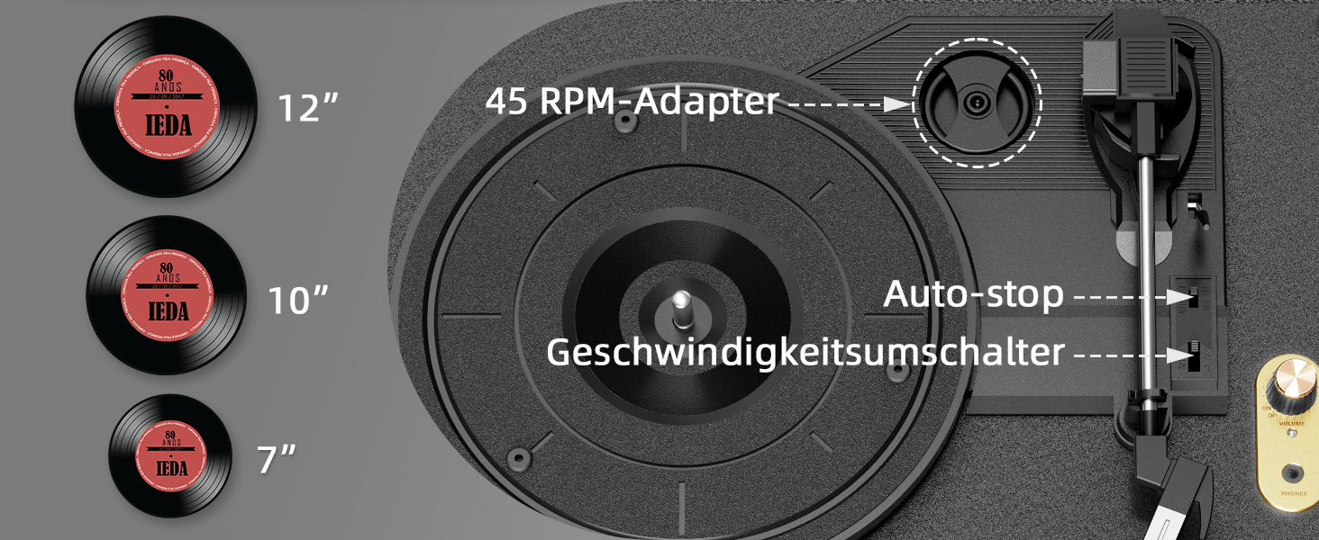 Вініловий програвач FYDEE Bluetooth з вбудованими стереодинаміками, 3 швидкості (33/45/78 об/хв), шкіряний дизайн, RCA, автостоп, чорний