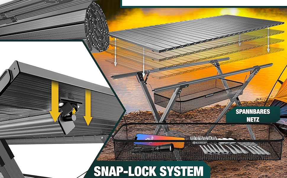 Складаний столик KESSER® для кемпінгу з алюмінієвим каркасом, регульована висота 90x53 см, до 100 кг, з сумкою та сітчастою кишенею (145x70 см, антрацит)