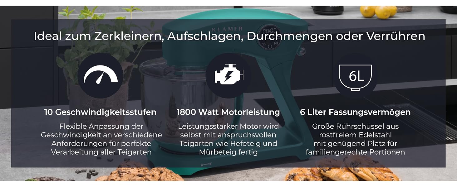 Кухонний комбайн KLAMER 1800W — Планетарний міксер для тіста з чашею 6л, 10 швидкостями та таймером, набір насадок (гак, вінчик, міксер), колір бірюзовий