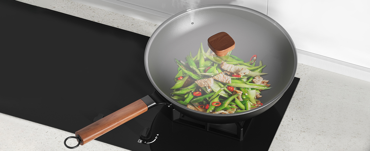 Вок Jobin 33 см, 5.6 л з кришкою, з вуглецевої сталі, для приготування азійських страв, 4-6 осіб, сумісний з індукцією, електрикою, газом, чорний