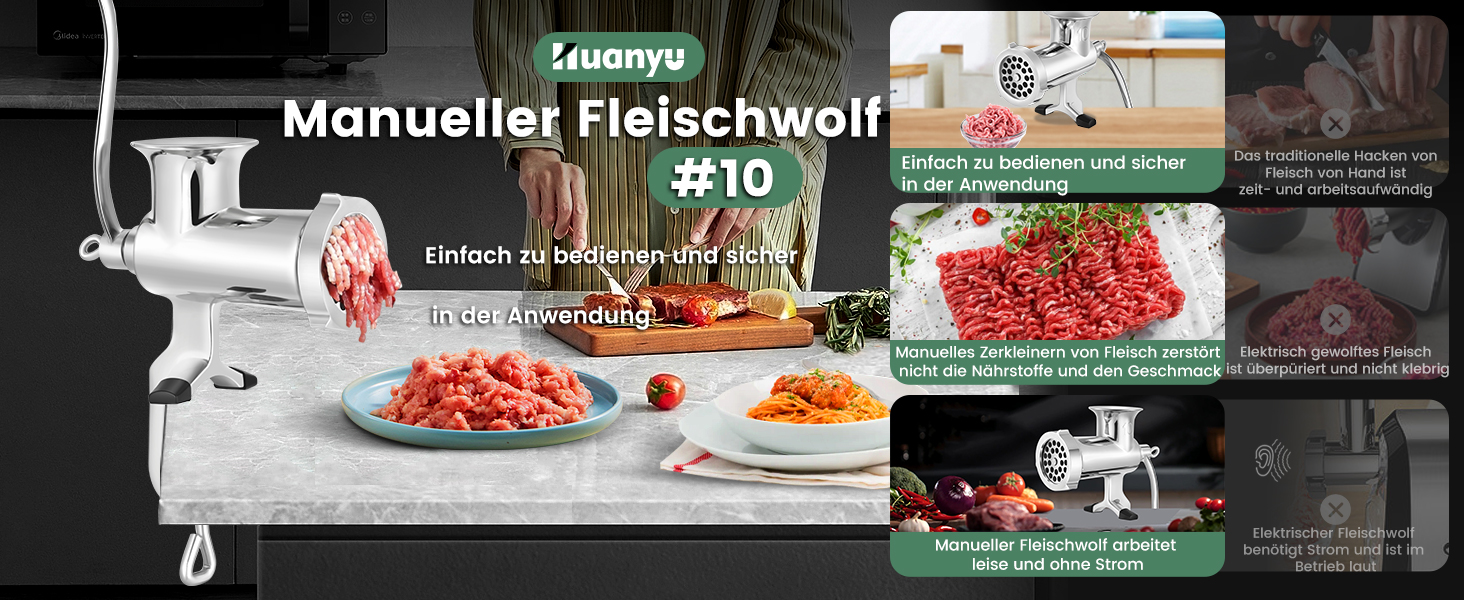 М'ясорубка ручна Huanyu з нержавіючої сталі та насадкою для ковбас, посудомийна, розмір 10