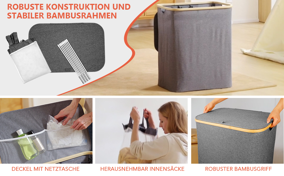 Кошик для білизни Southgate 145L з 3 відділеннями та кришкою, сірий