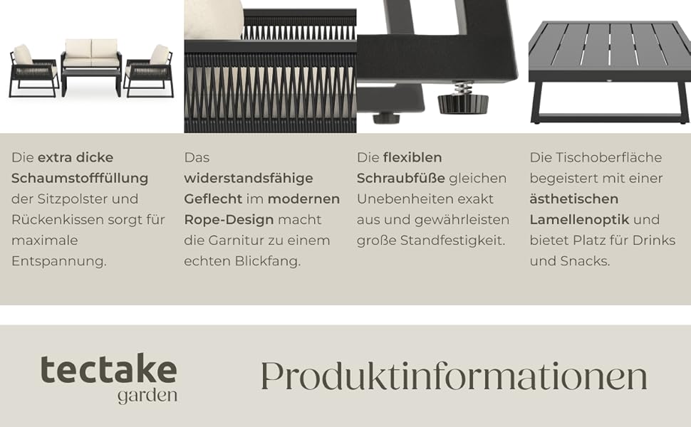 Набір садово-розкішних меблів tectake® з ротангу для саду/балкону: 2 крісла, диван, стіл, подушки, 4 місця, вологостійкі