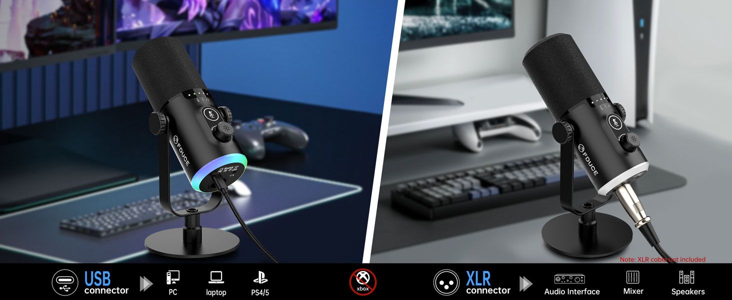 Ігровий мікрофон FDUCE з USB/XLR, RGB-підсвічуванням, для стрімінгу, запису подкастів та ігор, з регулятором гучності та навушниками, з кріпленням-павуком (D30)