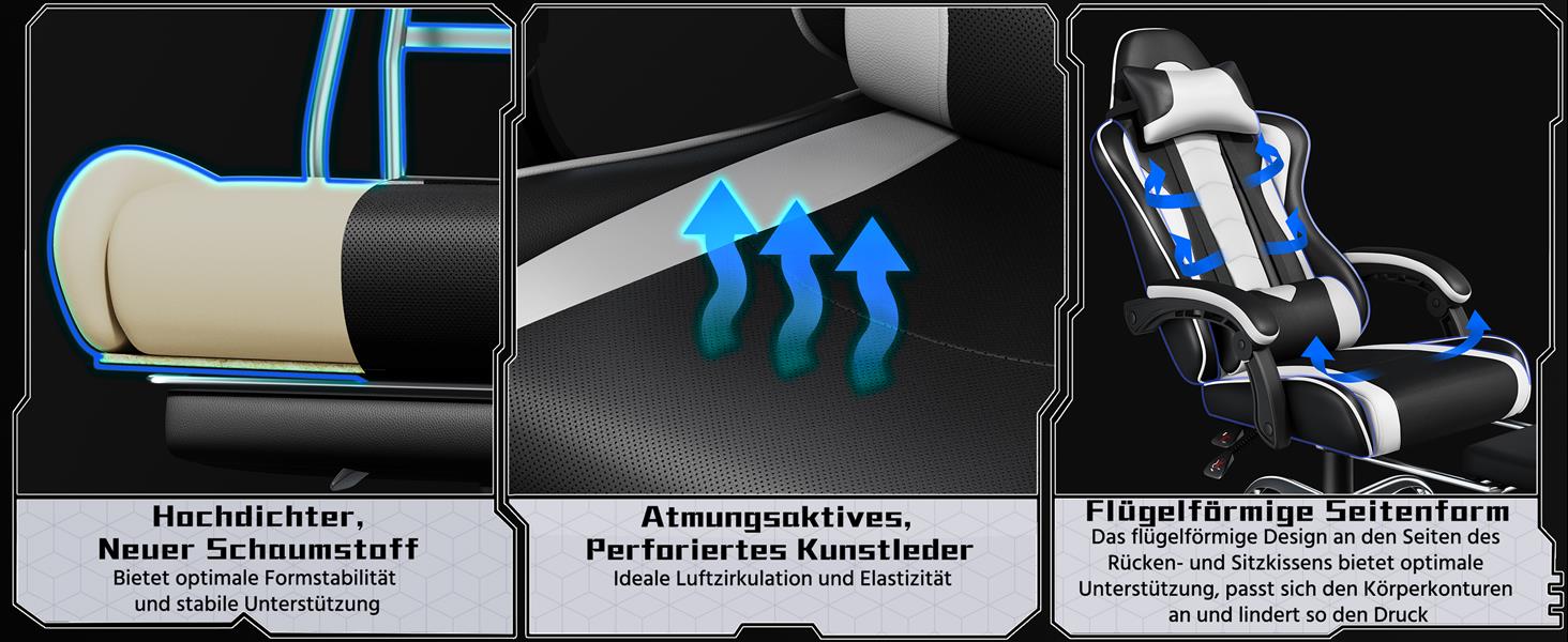 Ігровий крісло Yaheetech з масажем, комп'ютерне крісло з підніжкою, біле, регульована спинка 90-135°