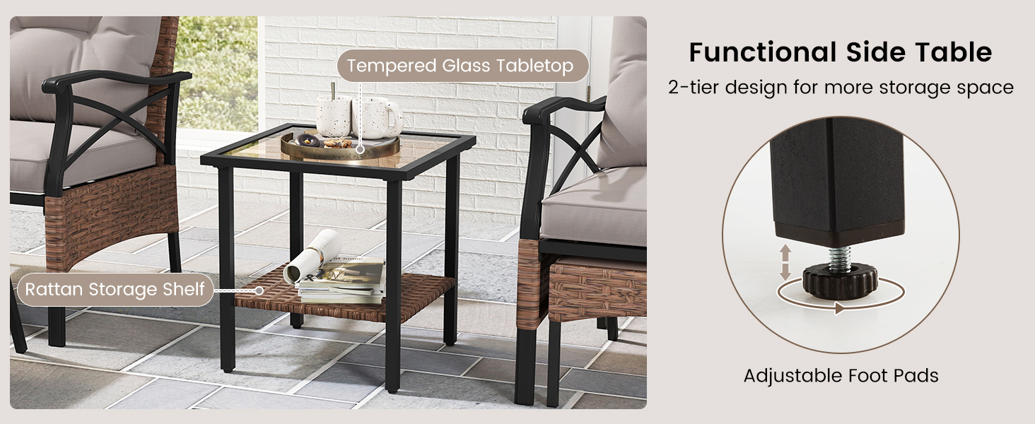 Садовий набір меблів COSTWAY з ротангу, 5 предметів: 2 крісла з подушками, пуф та стіл. Меблі для балкона, тераси, саду, коричнево-сірий колір