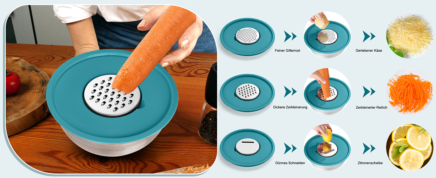 Набір мисок Homikit, 5 шт. з нержавіючої сталі, з кришкою та силіконовим дном, мультифункціональний, для салатів, 6.6L / 3.5L / 2.5L / 1.5L / 1L (блакитний, з 3 тертками)