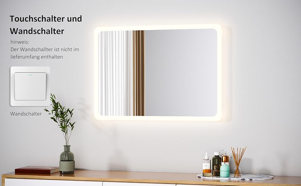 LED дзеркало для ванної кімнати Boromal 40x60 см з підсвічуванням та вимикачем, 6500K, холодний білий світ, стилізація Jf